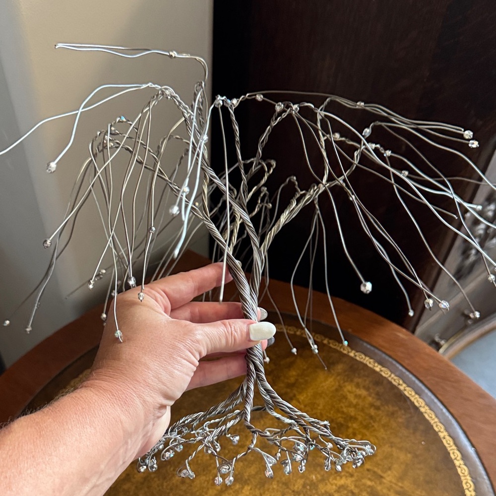 Silver Wire Tree Sculpture Beaded Weeping Willow Bonsai Tree Sculpture Cottage